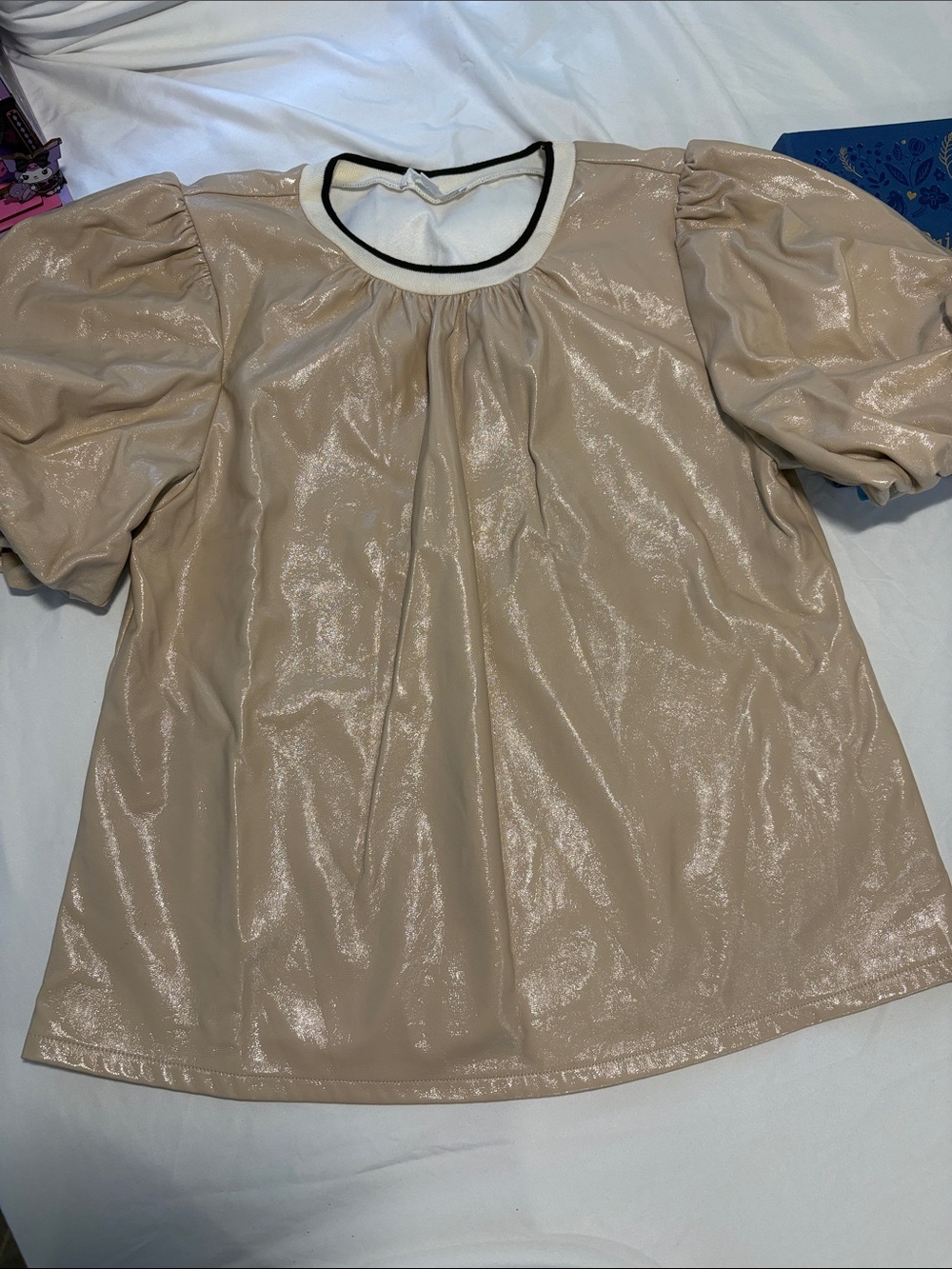 THML Shimmery Beige Puff-Sleeve Top with Contrasting Neckline